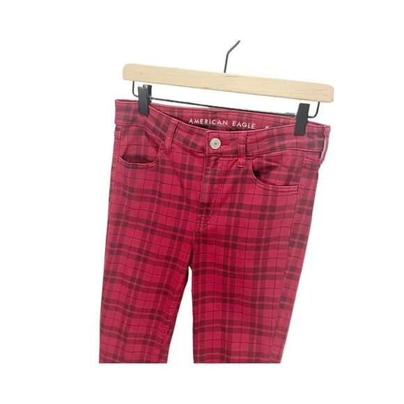 Women’s American Eagle Next Level Jeggings Stretch Red Black Plaid Pants Size 6 - Picture 2 of 6